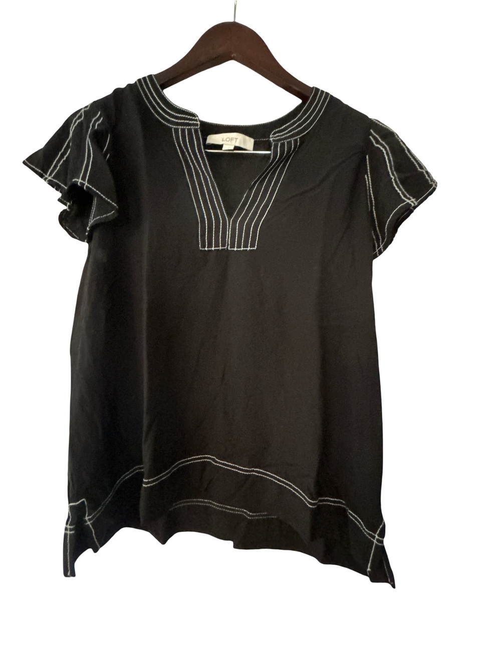 LOFT Black Contrast Stitch Flutter Sleeve Split V-Neck Blouse Top Medium M